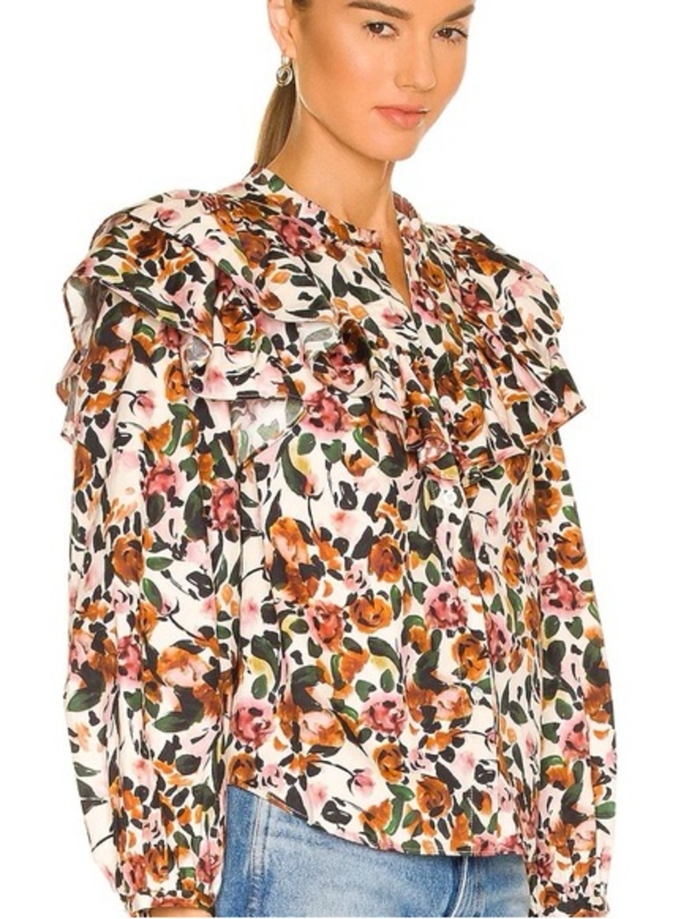 Something Navy Floral Ruffle Blouse in Pink & Brown